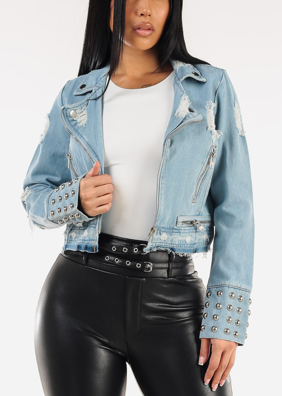 Zip Up Long Sleeve Distressed Moto Denim Jacket Light Wash