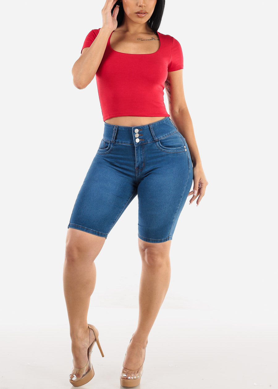 High Waist Butt Lift Denim Bermuda Shorts w Back Design