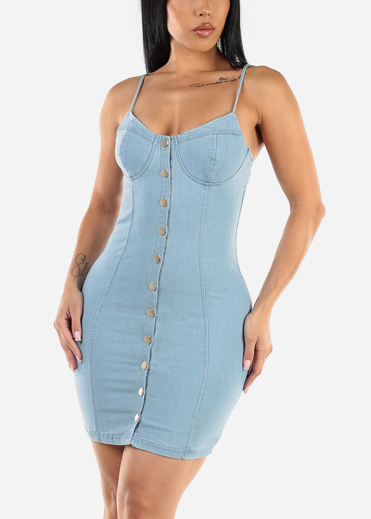 Button Up Bodycon Denim Dress Light Blue