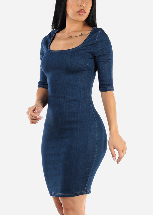 Quarter Sleeve Bodycon Denim Dress Dark Blue