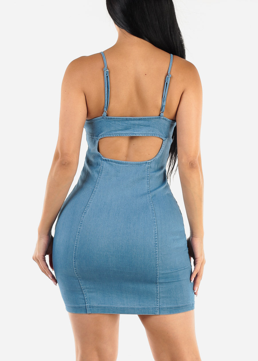 Button Up Bodycon Denim Dress Med Blue