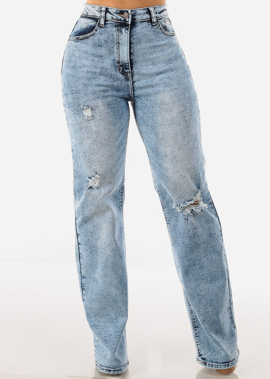 Acid Wash Ripped Wide Leg Straight Stretch Jeans