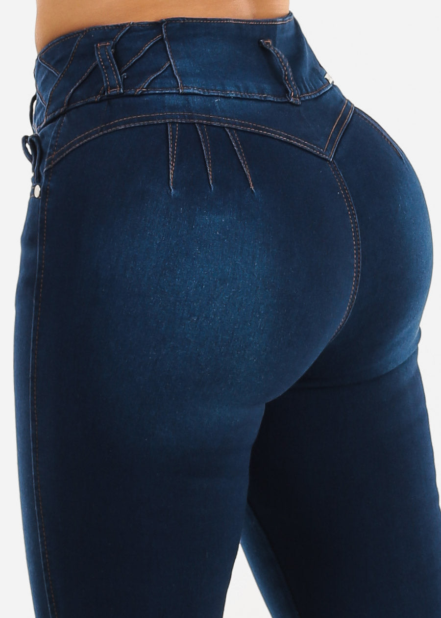 Women's High Waisted Butt Lift Jeans - Skinny Stretch Denim In Navy Blue, Size Large