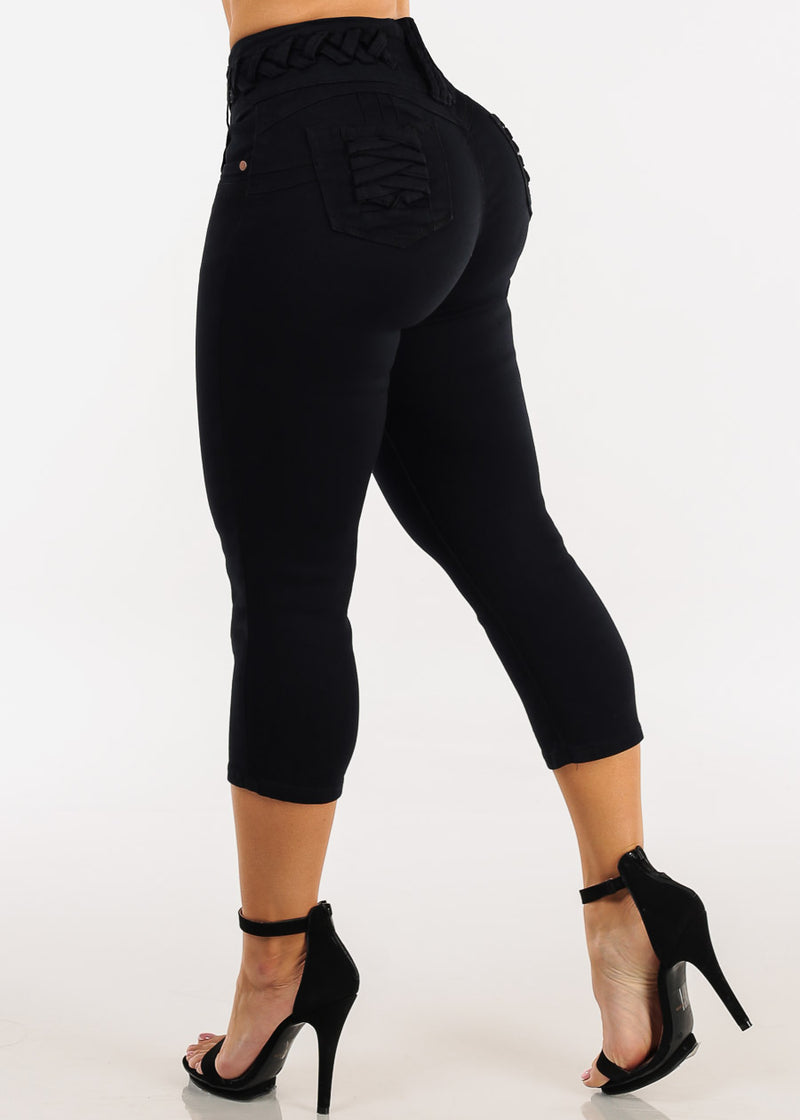 MX JEANS Butt Lift Mid Rise Denim Capris Black w Lace Up Design