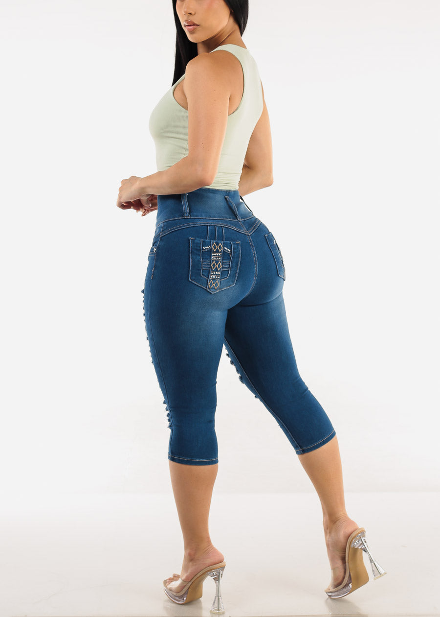 Butt Lift Distressed Denim Capris Med Blue