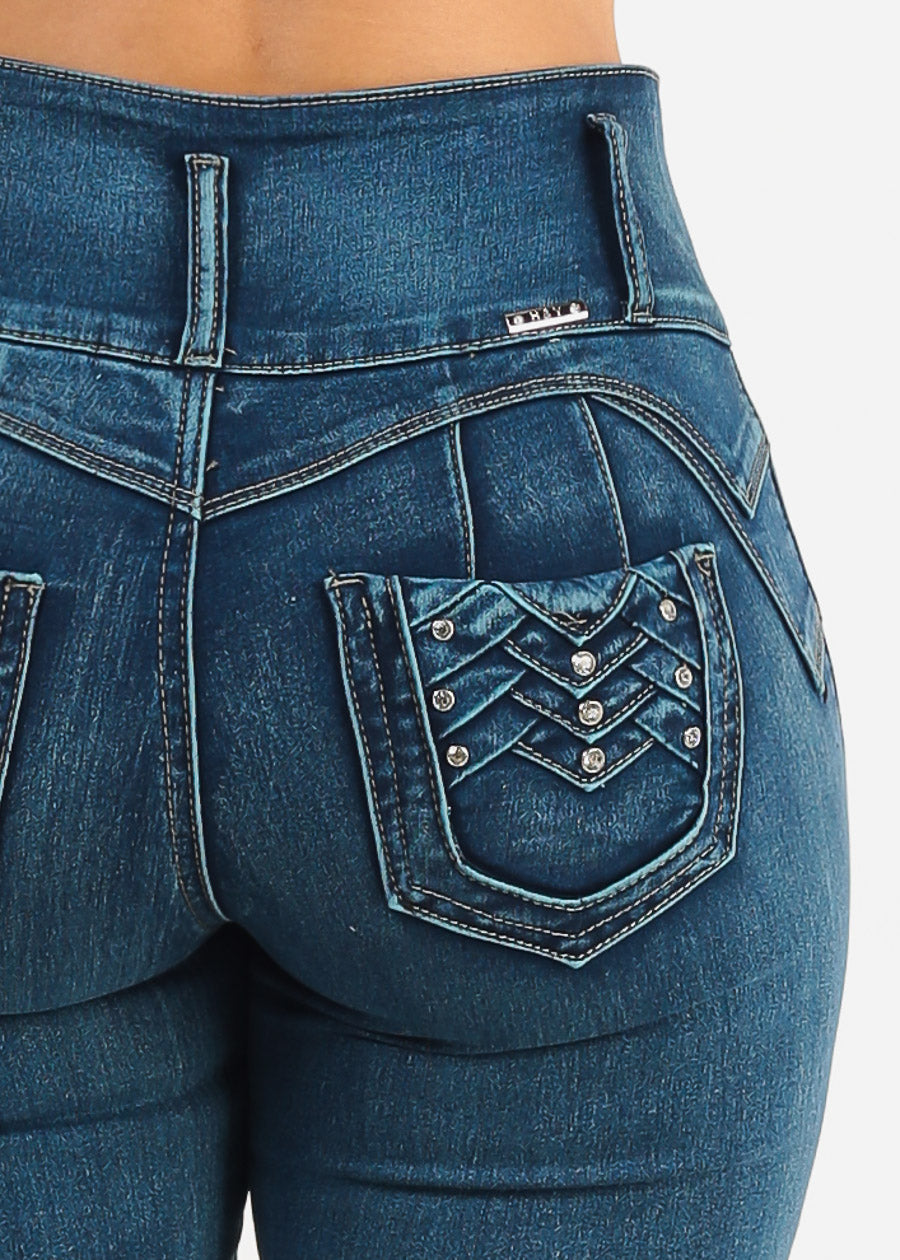 Butt Lift High Waisted Stretch Skinny Jeans Med Sand Wash