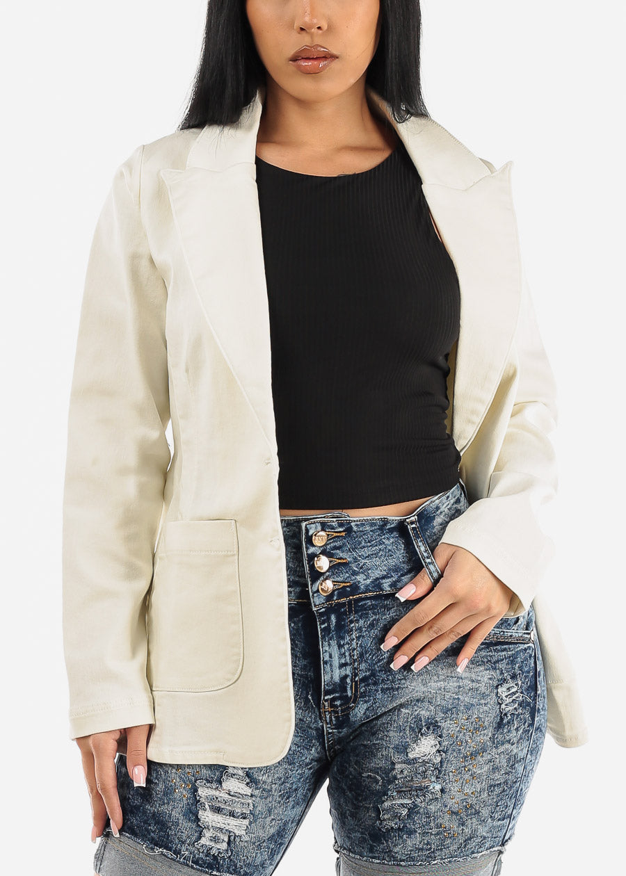 Long Sleeve Ivory Denim Blazer w Pockets