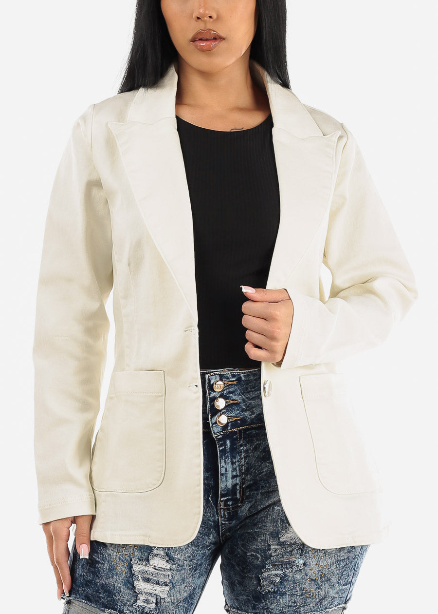 Long Sleeve Ivory Denim Blazer w Pockets