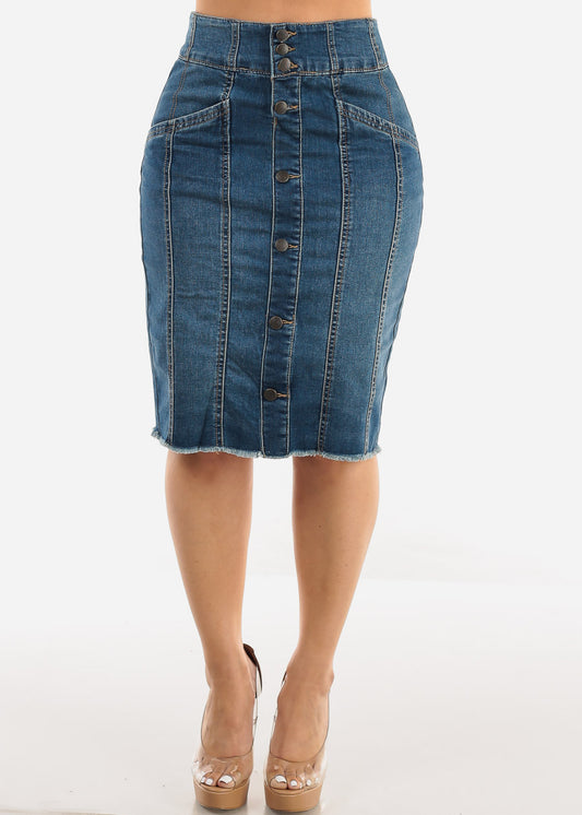 Button Up Denim Fringe Hem Pencil Skirt Med Wash