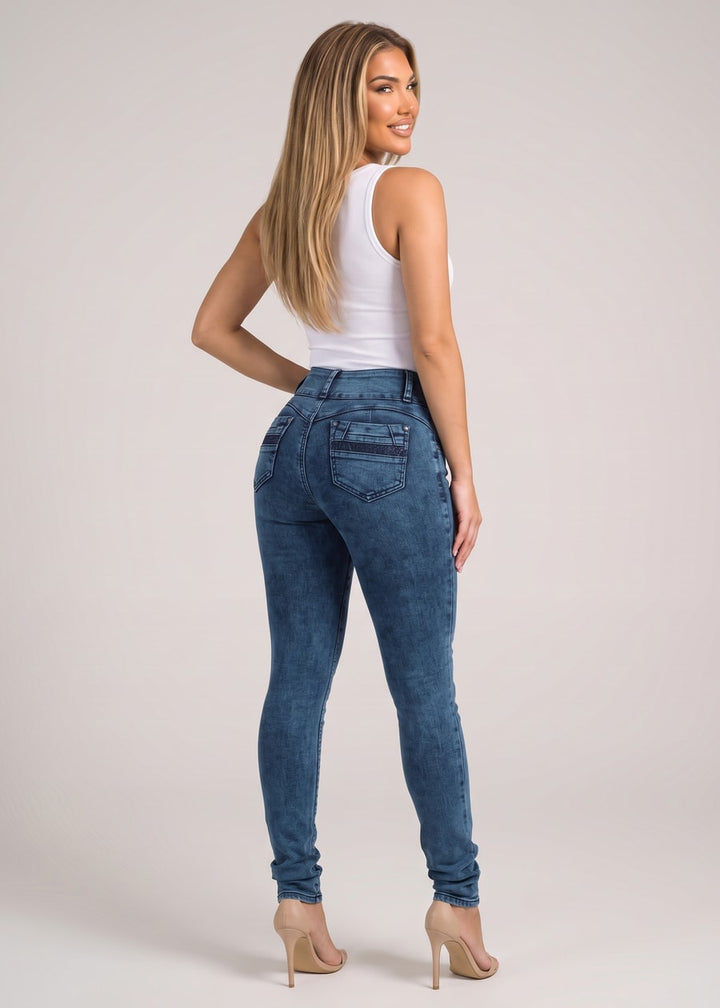MX JEANS Mid Rise Levantacola Skinny Jeans Dark Acid Wash
