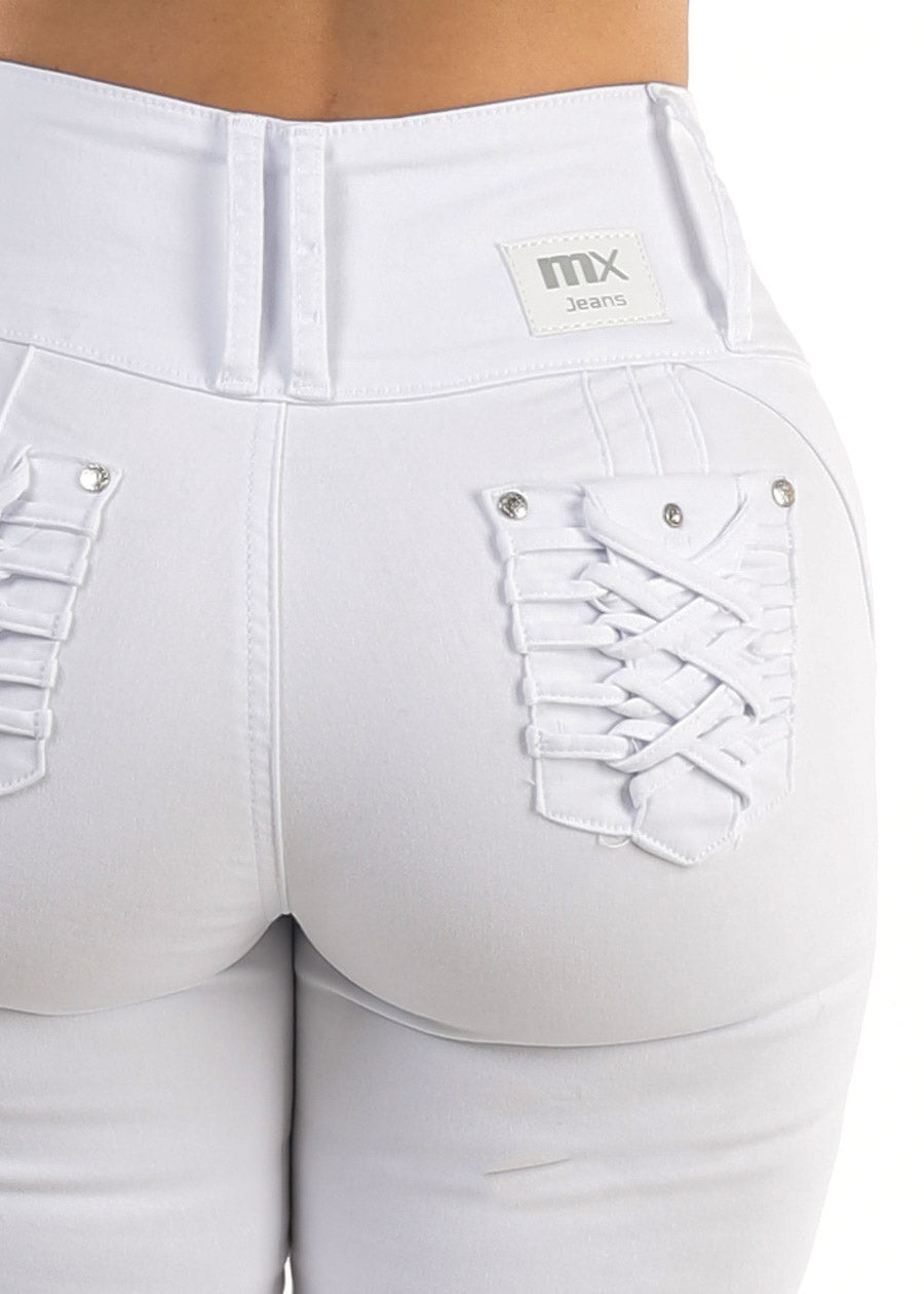 MX JEANS Braided Pocket Butt Lifting White Stretch Skinny Jeans