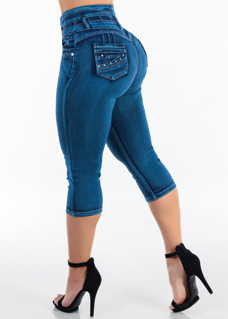 MX JEANS Super High Waisted Stretch Mid Sand Wash Denim Capris