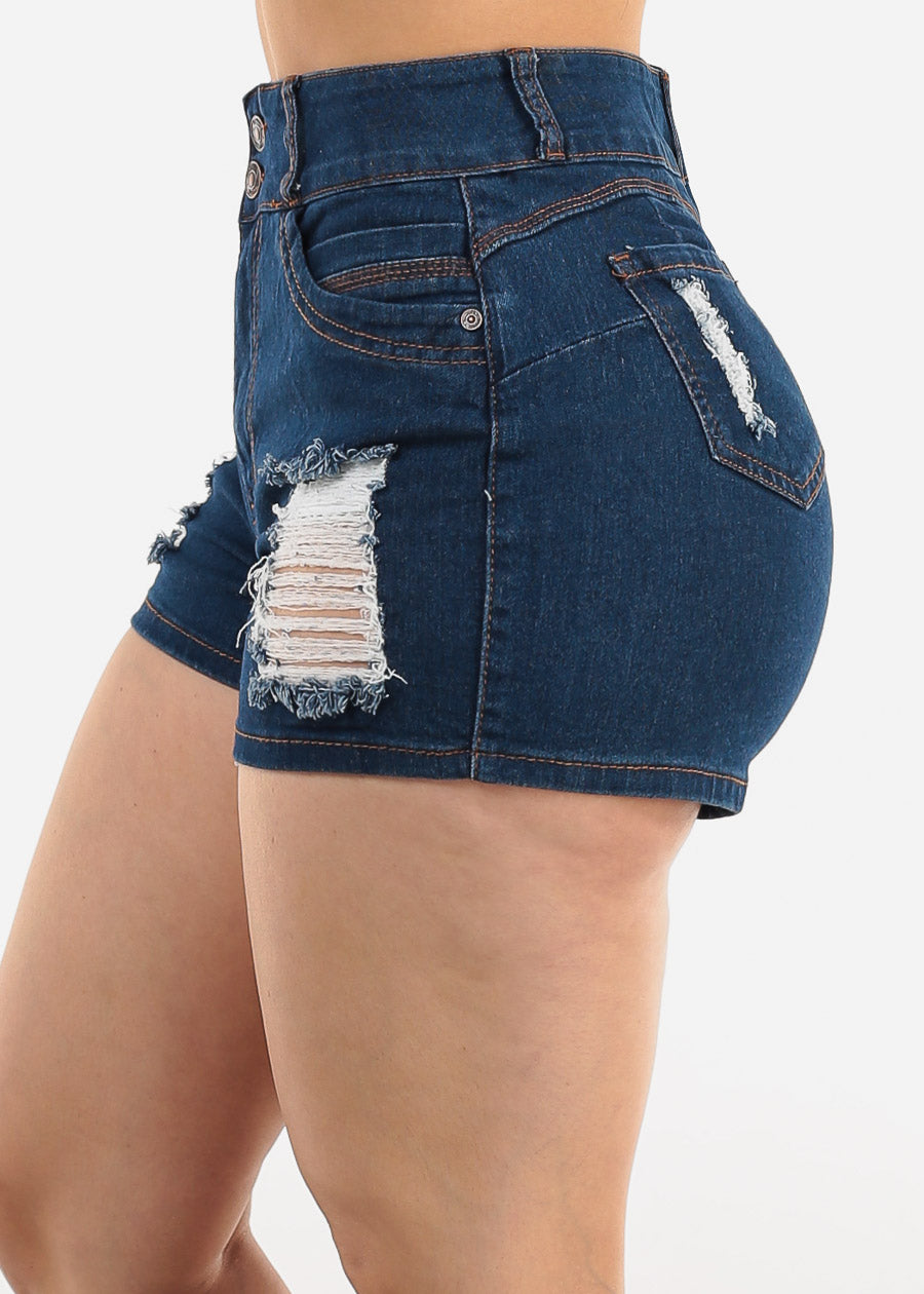 Butt Lift Sleeveless Ripped Denim Short Overalls Dark Wash