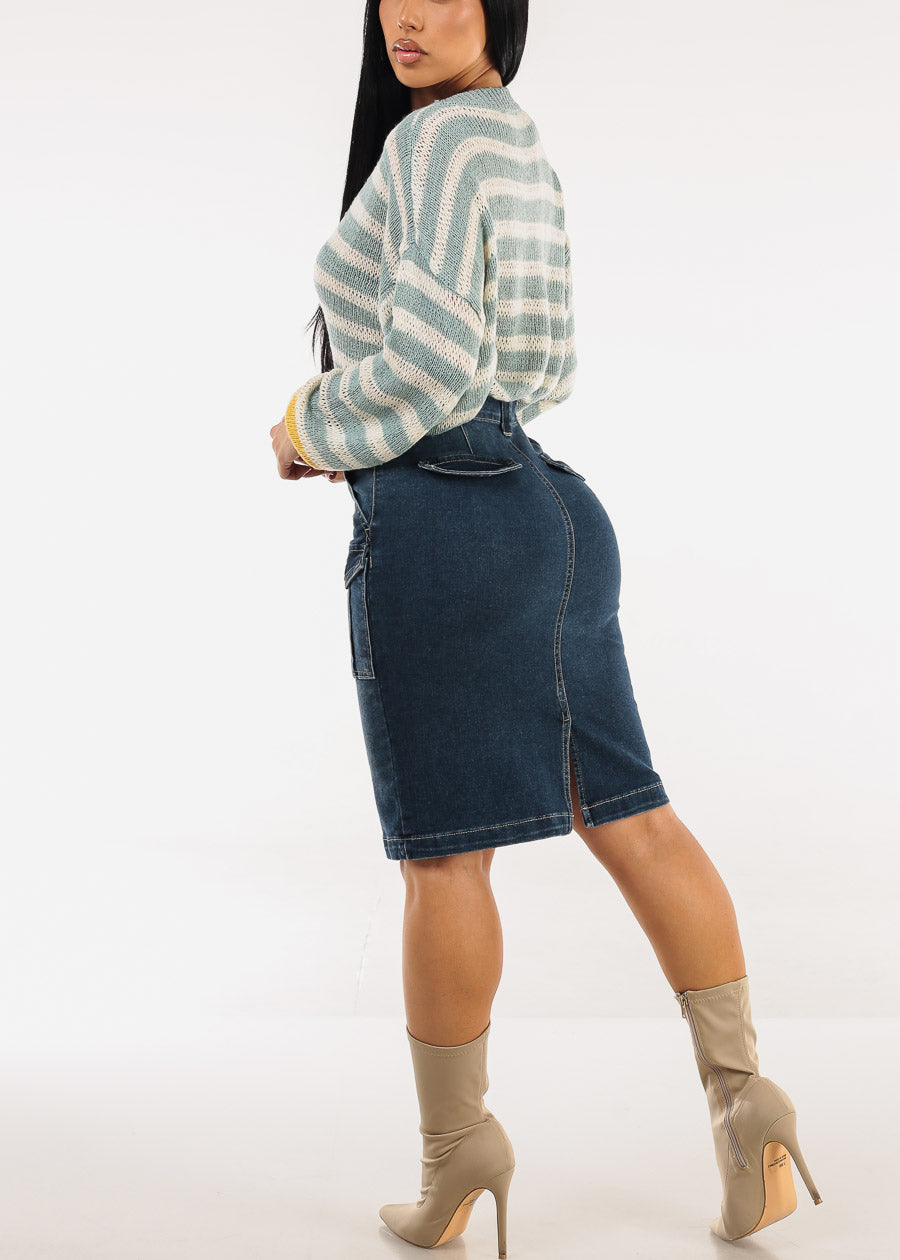 Butt Lift Stretch Cargo Denim Pencil Skirt Dark Wash