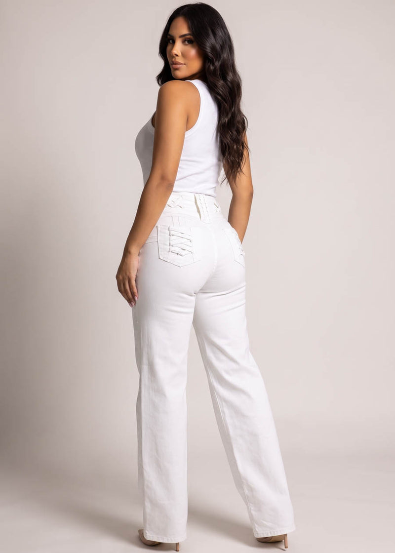 MX JEANS Butt Lift High Waist Wide Leg Stretch Jeans White w Lace Up Design