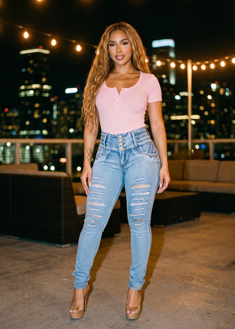 Short Sleeve Stretch Ribbed Bodysuit Pink