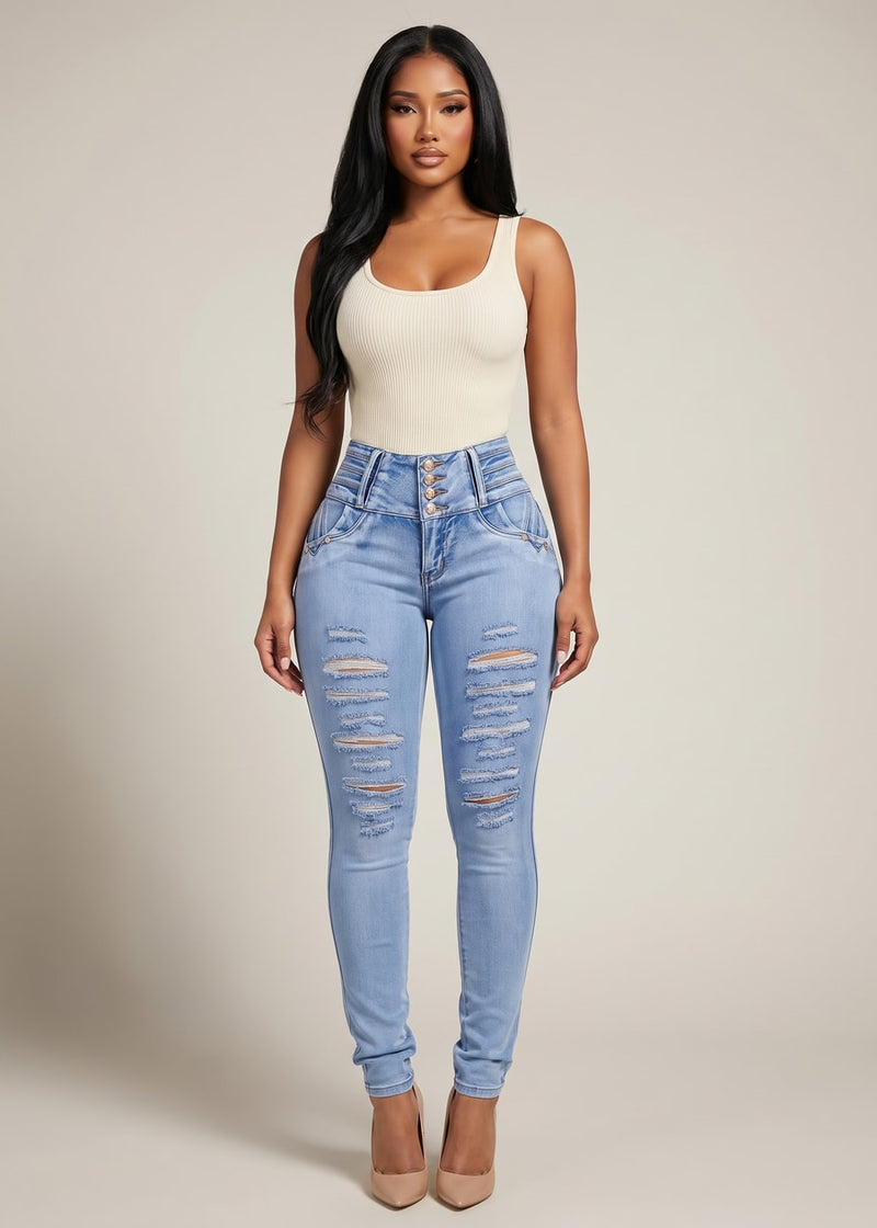 MX JEANS Mid Rise Butt Lifting Ripped Skinny Jeans
