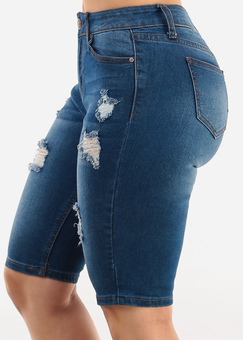 Stretchy Ripped Mid Rise Denim Bermuda Shorts Med Blue