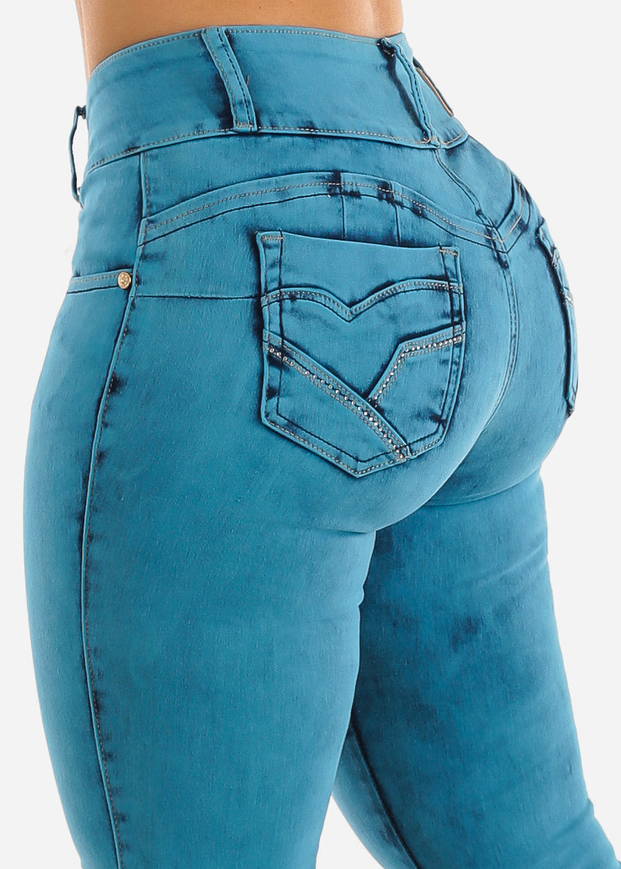 MX JEANS Levantacola Mid Rise Teal Skinny Jeans w Rhinestone Design