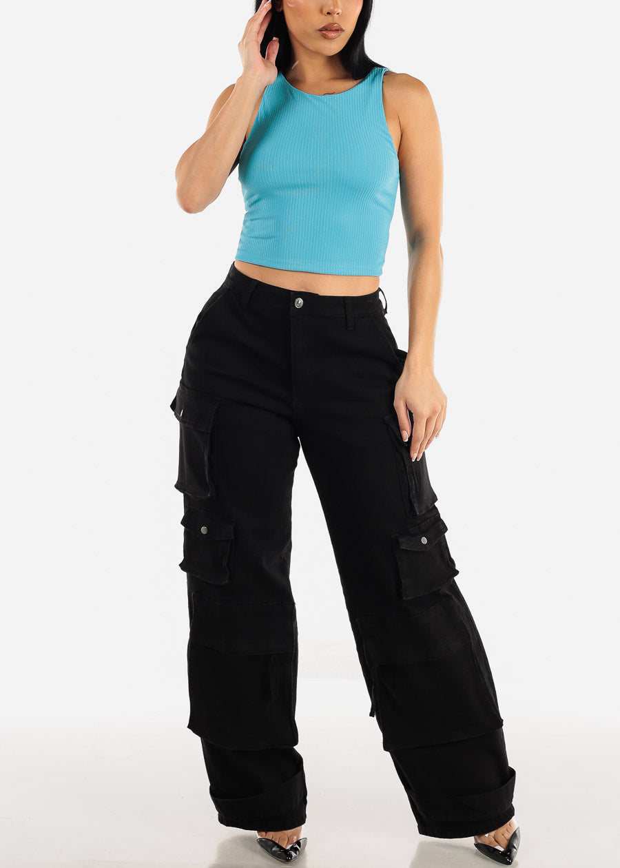 Black High Waist Wide Straight Leg Stretch Cargo Jeans