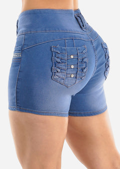 Butt Lifting Mid Rise Blue Denim Shorts