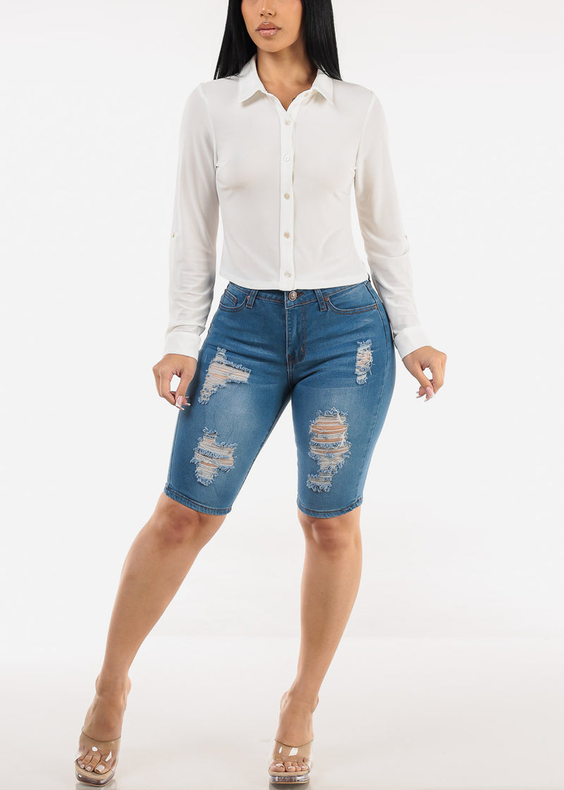 Stretchy Mid Rise Torn Denim Bermuda Shorts Blue