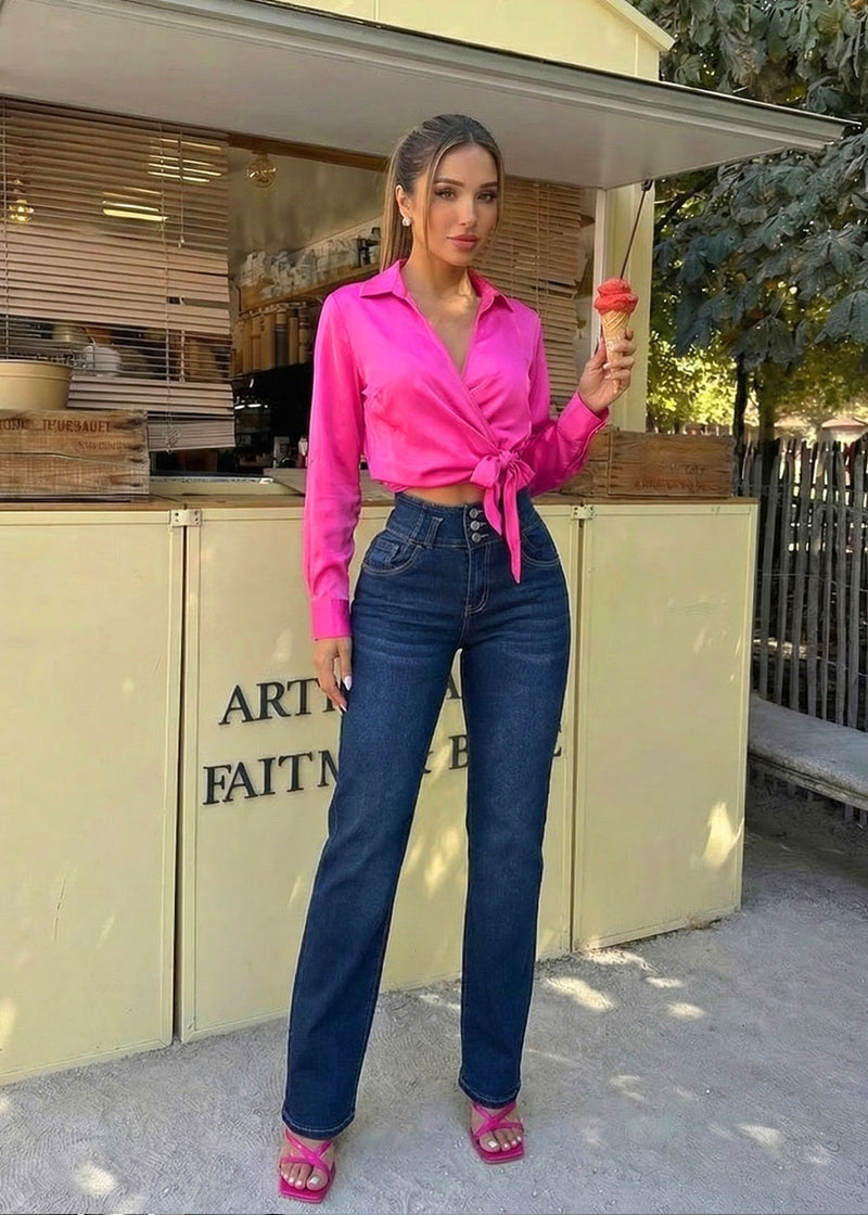 Long Sleeve Surplice Blouse Hot Pink w Tie Front