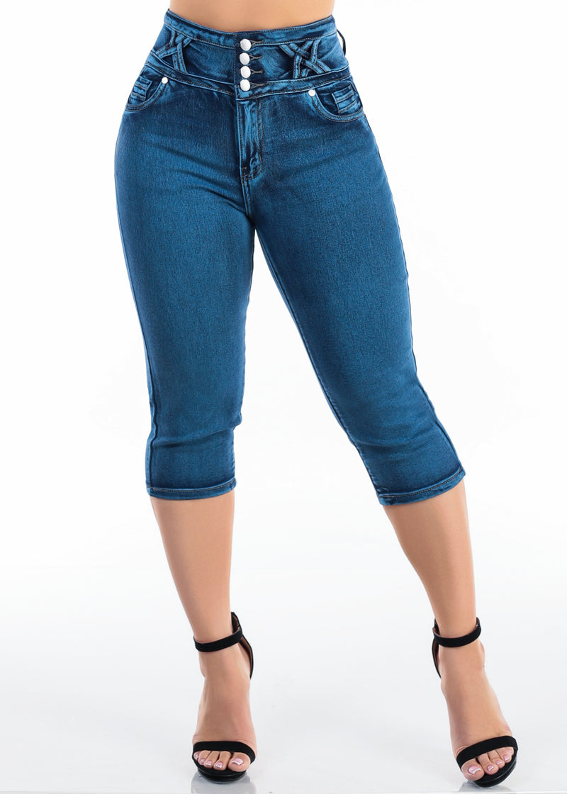 MX JEANS Butt Lift Super High Waisted Stretch Denim Capris Sand Wash