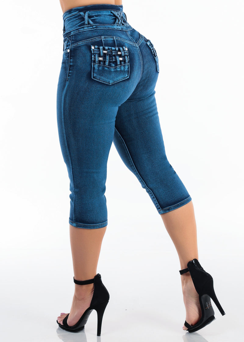 MX JEANS Butt Lift Super High Waisted Stretch Denim Capris Sand Wash