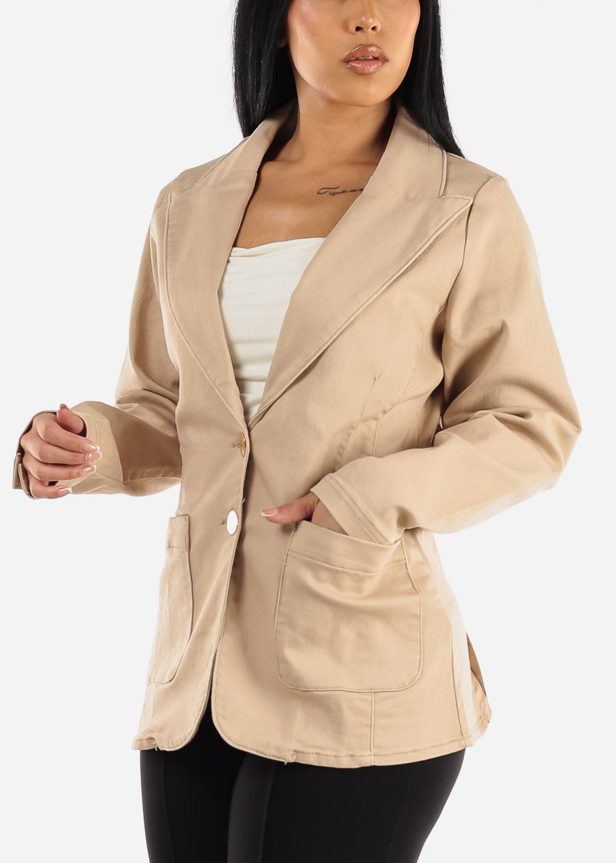 Long Sleeve Taupe Denim Blazer w Pockets