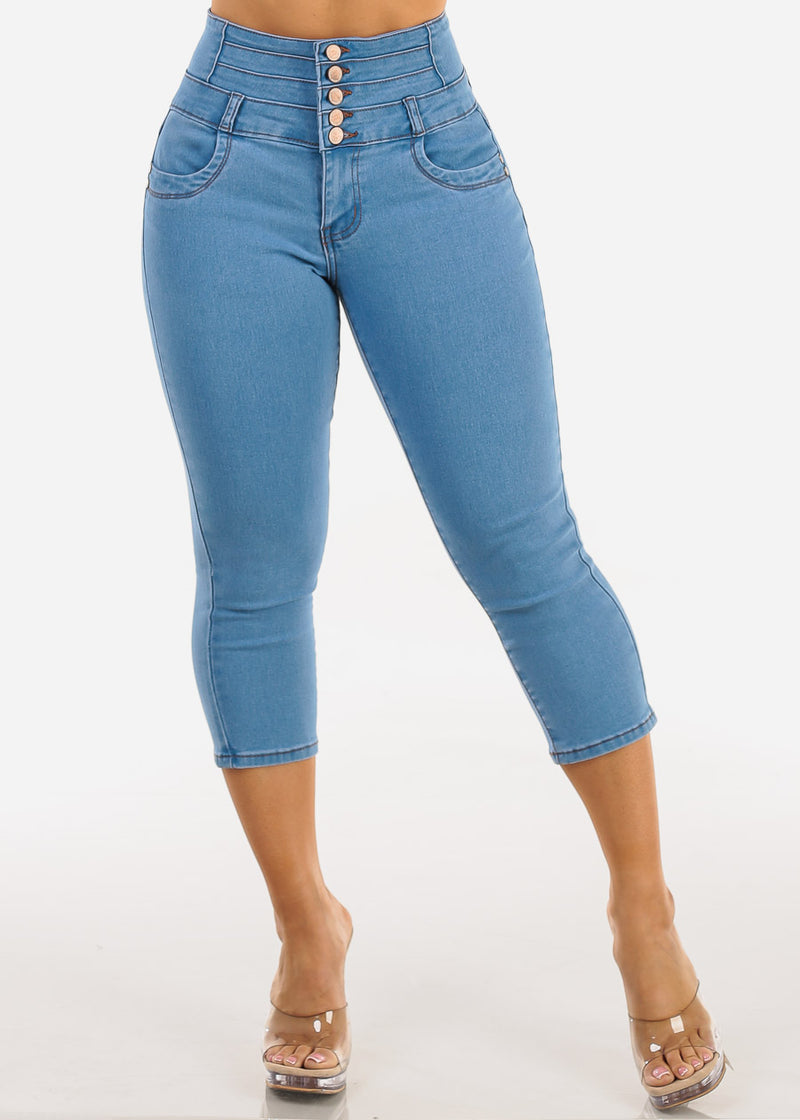 MX JEANS Butt Lift Thick Waist Stretchy Light Denim Capris