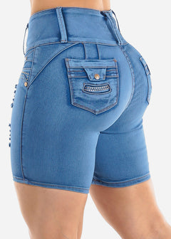 Distressed Levantacola Mid Thigh Blue Denim Shorts