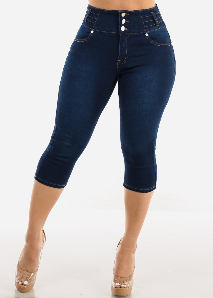 Butt Lifting Dark Denim Capris w Back Pocket Design