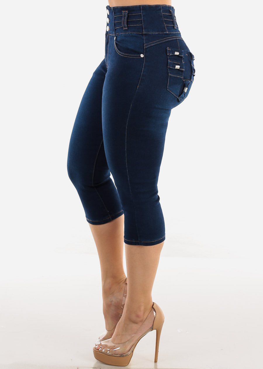 Butt Lifting Dark Denim Capris w Back Pocket Design