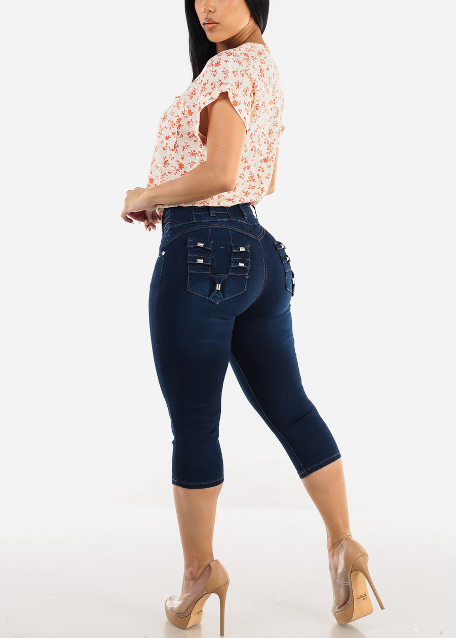 Butt Lifting Dark Denim Capris w Back Pocket Design