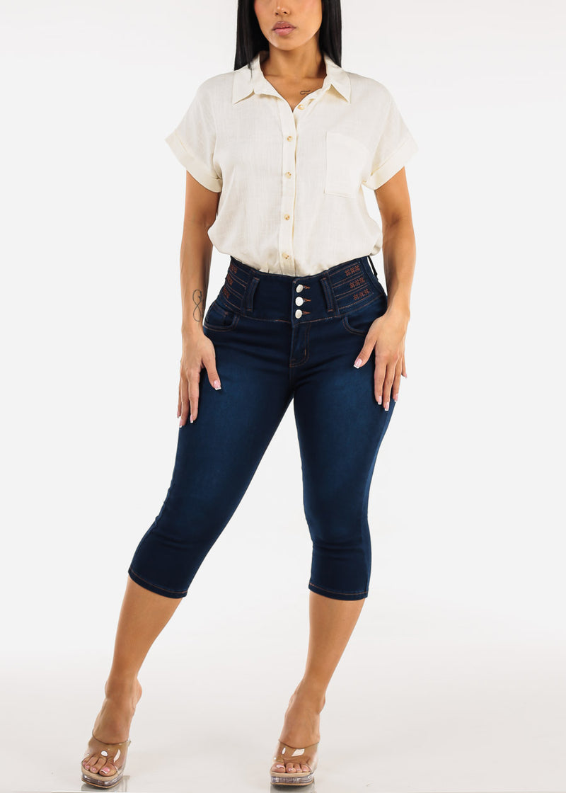 Butt Lift High Waist Stretch Denim Capris Dark Wash