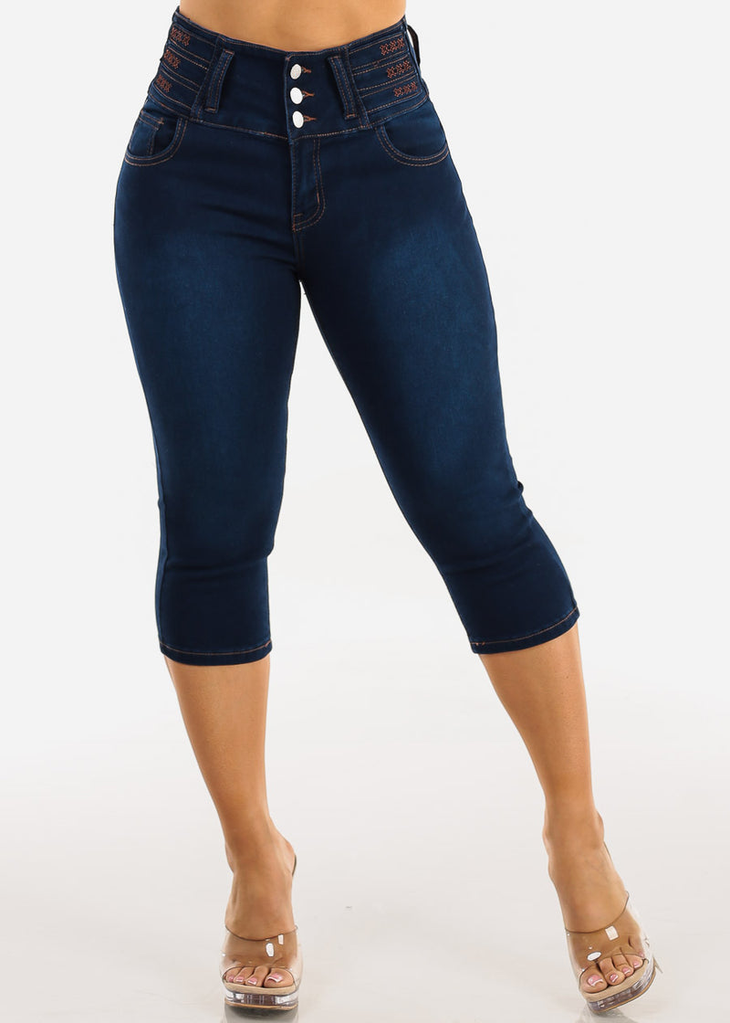 Butt Lift High Waist Stretch Denim Capris Dark Wash