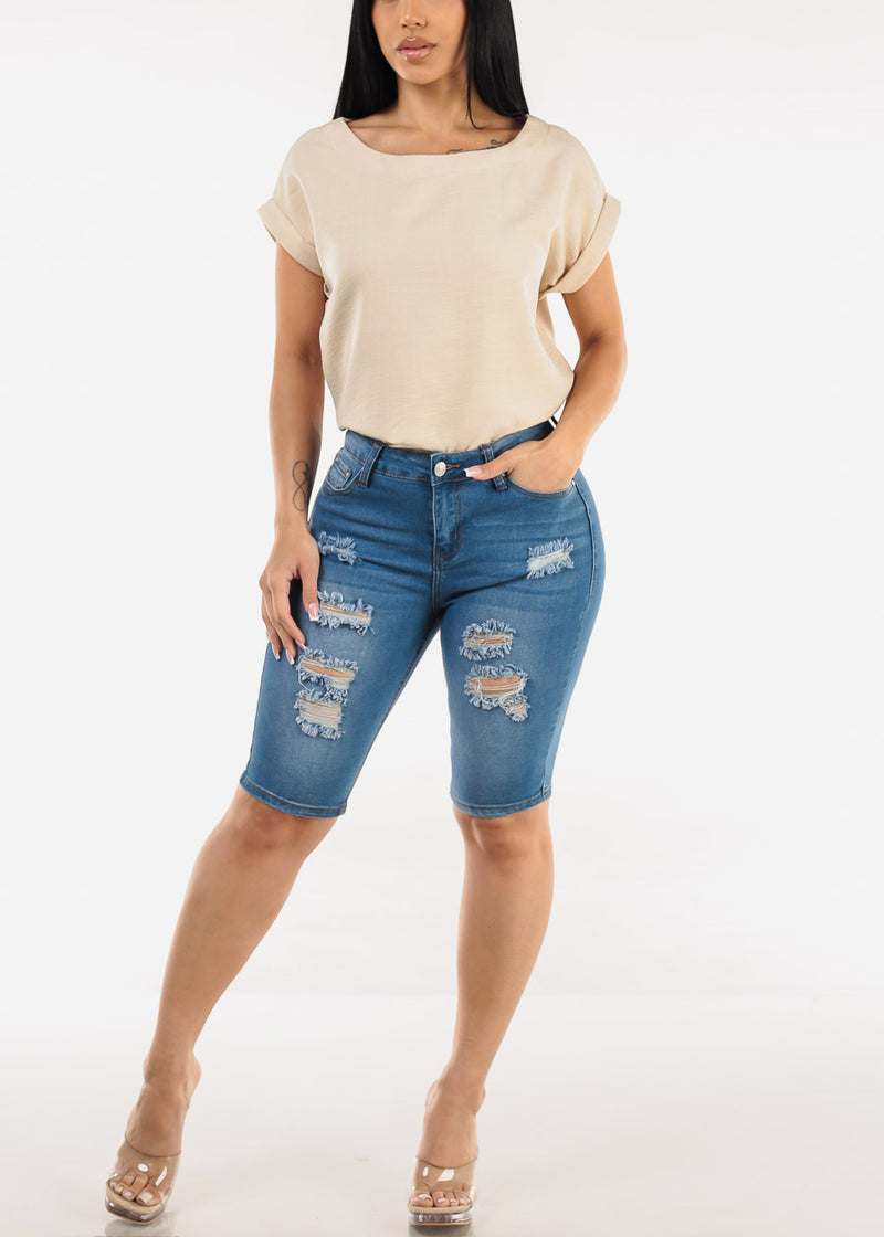 Stretchy Mid Rise Ripped Denim Bermuda Shorts Blue