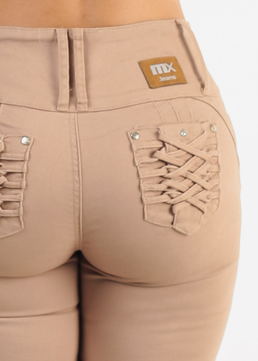 MX JEANS Braided Pocket Butt Lifting Khaki Skinny Jeans
