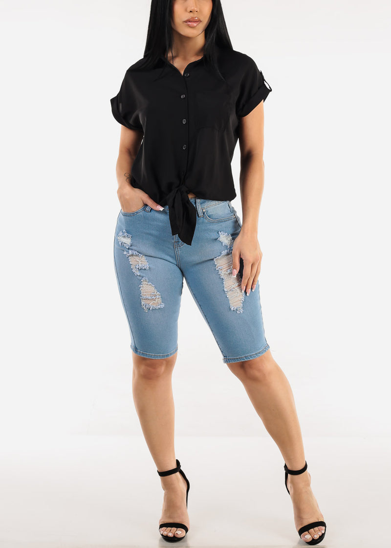 Stretchy Mid Rise Ripped Light Denim Bermuda Shorts