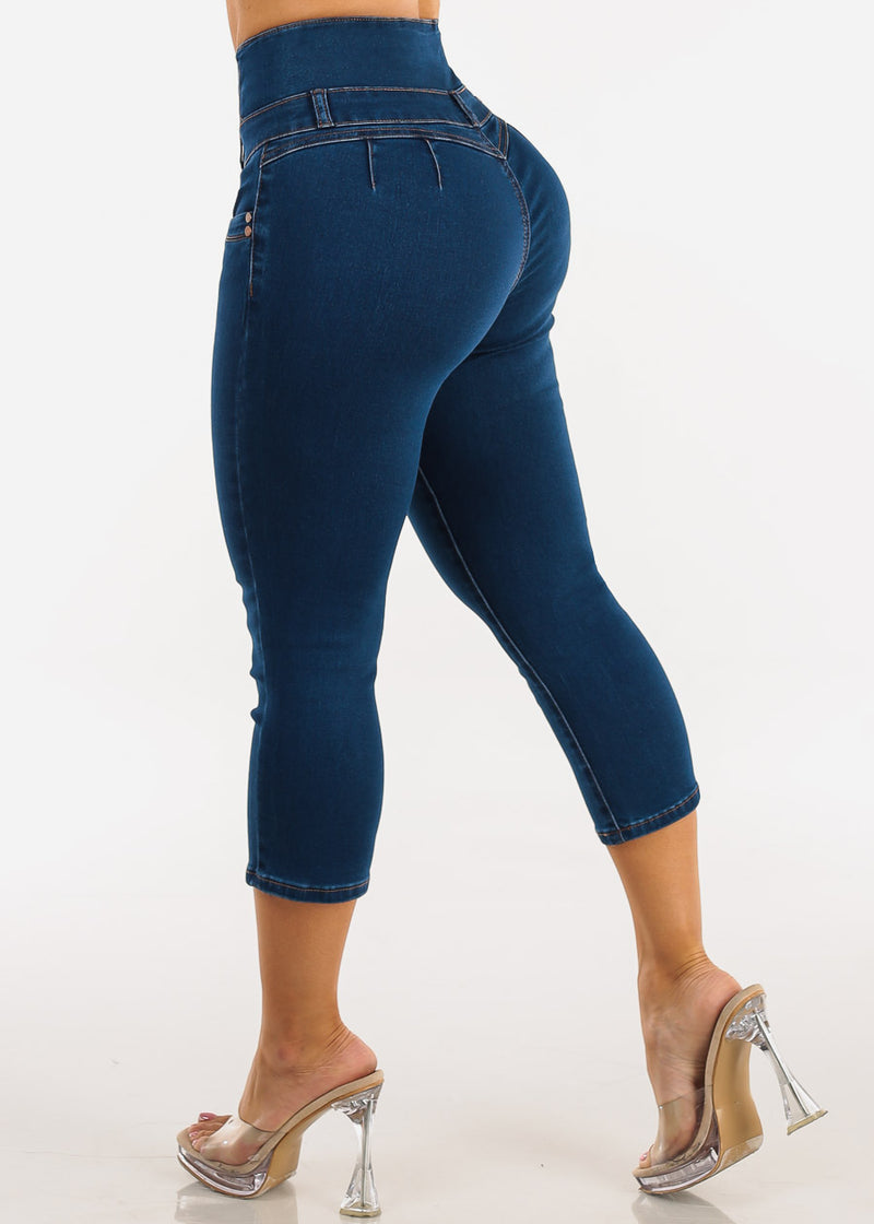 MX JEANS Butt Lift Thick Waist Stretchy Dark Denim Capris