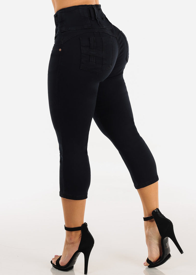 MX JEANS Butt Lift High Waist Black Stretch Denim Capris