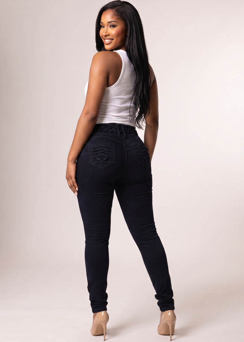 MX JEANS Butt Lift High Waist Stretch Skinny Jeans Black w Lace Up Design