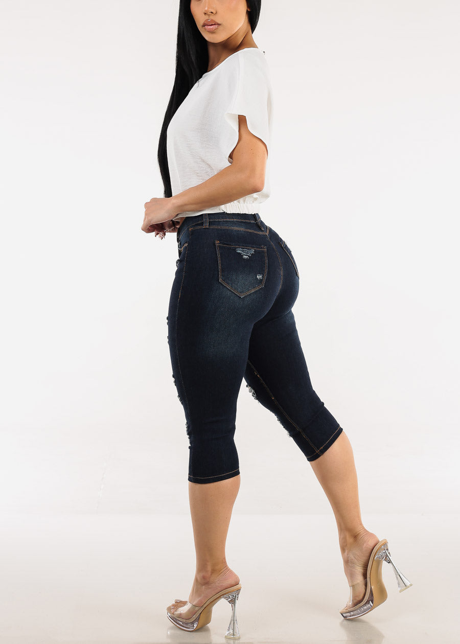 Stretchy Mid Rise Ripped Denim Capris Dark Blue