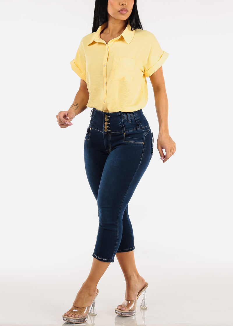 MX JEANS Butt Lift High Waist Stretch Denim Capris Dark Blue