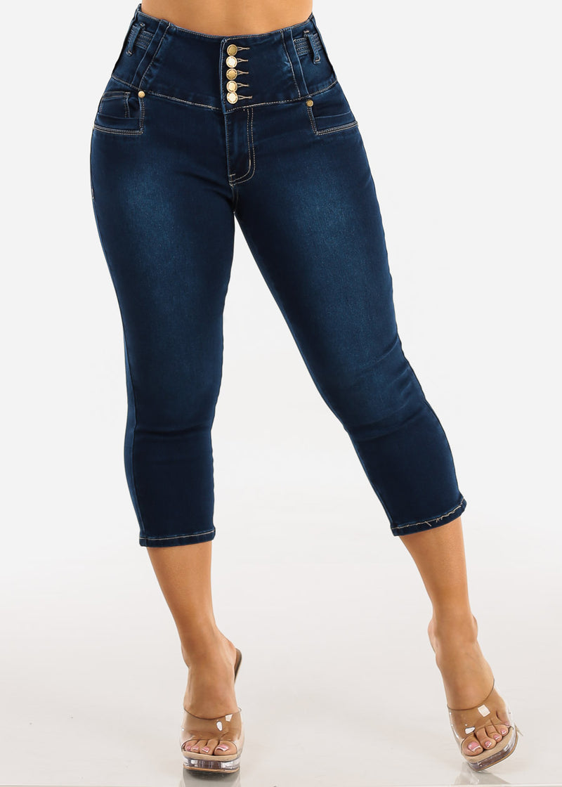 MX JEANS Butt Lift High Waist Stretch Denim Capris Dark Blue
