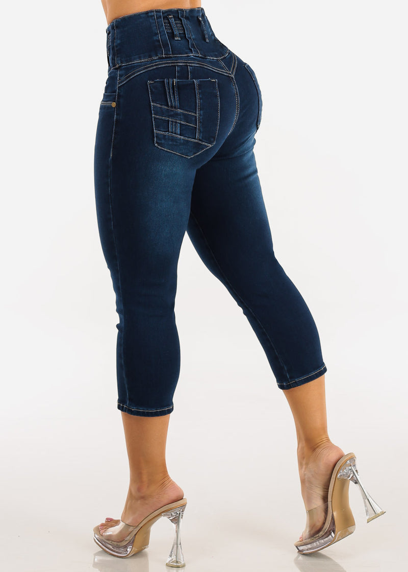 MX JEANS Butt Lift High Waist Stretch Denim Capris Dark Blue