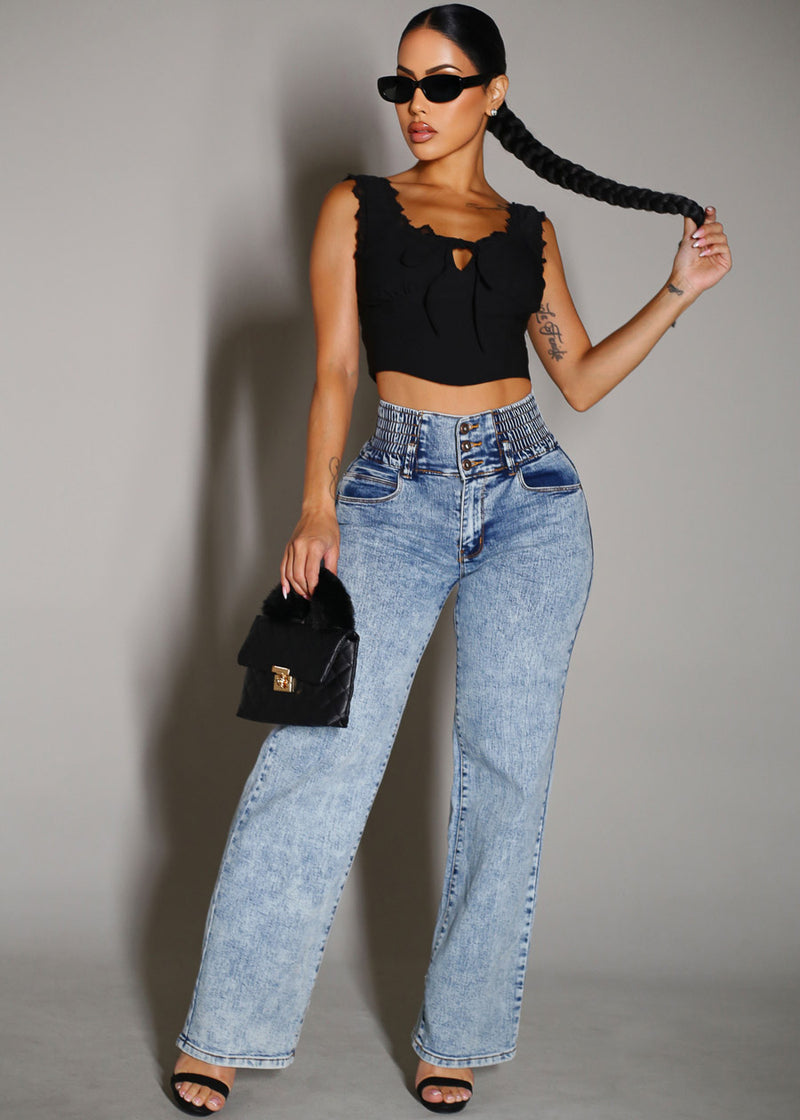 MX JEANS Butt Lift 3 Button Spandex Waist Straight Wide Leg Jeans Acid Wash