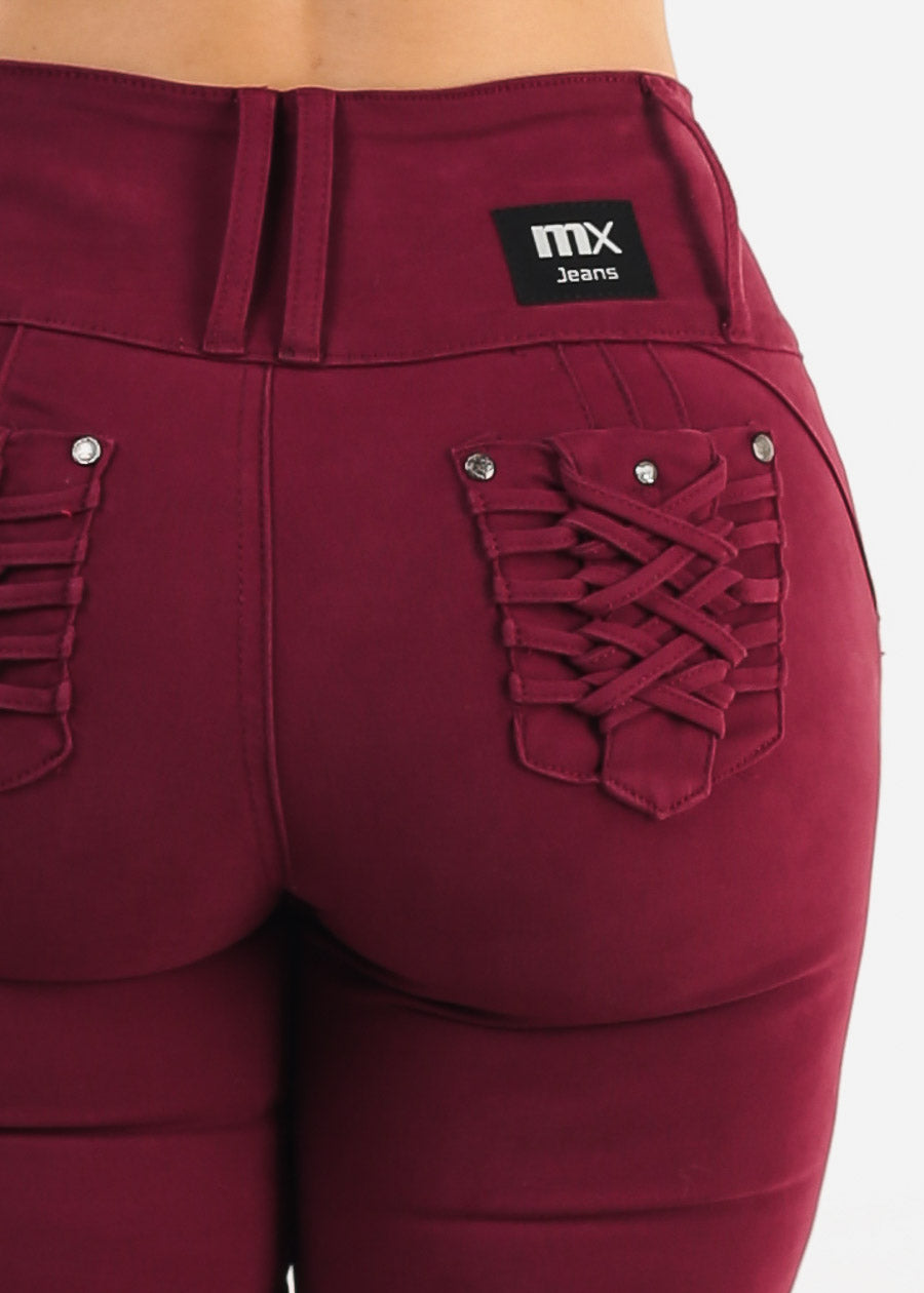 MX JEANS Burgundy Butt Lift Levanta Cola Skinny Jeans