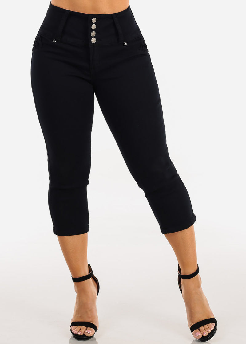 MX JEANS Black Butt Lift High Waist Stretch Denim Capris w Back Pocket Design